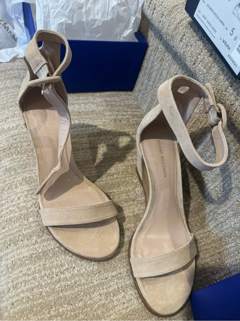 NEW, Never worn Stuart Weitzman Beige Suede Ankle-Strap Sandals - Picture 5 of 10